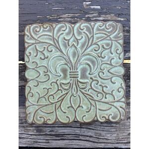 Vintage Frankoma 3TR Pottery Square Fleur-de-lis Scroll Tile Trivet Teal